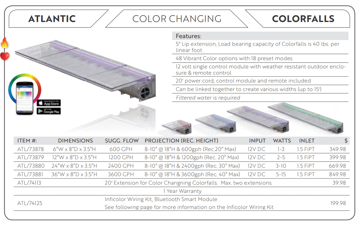 Atlantic colorfalls water weirs 48 COLOR CHANGING